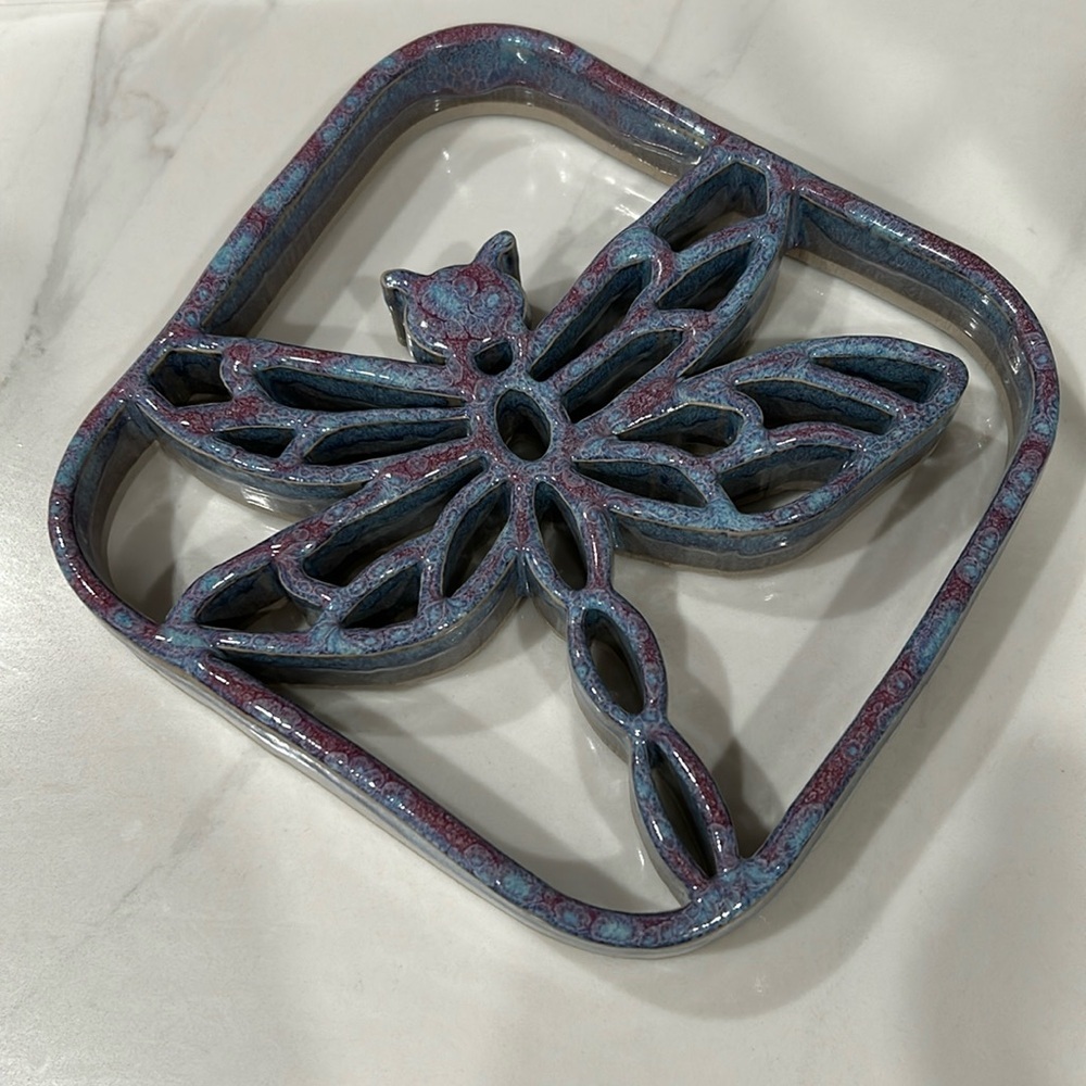 Glazed Pottery Dragonfly Trivet- handmade hot plate - Stoneware Pottery: Sunrise